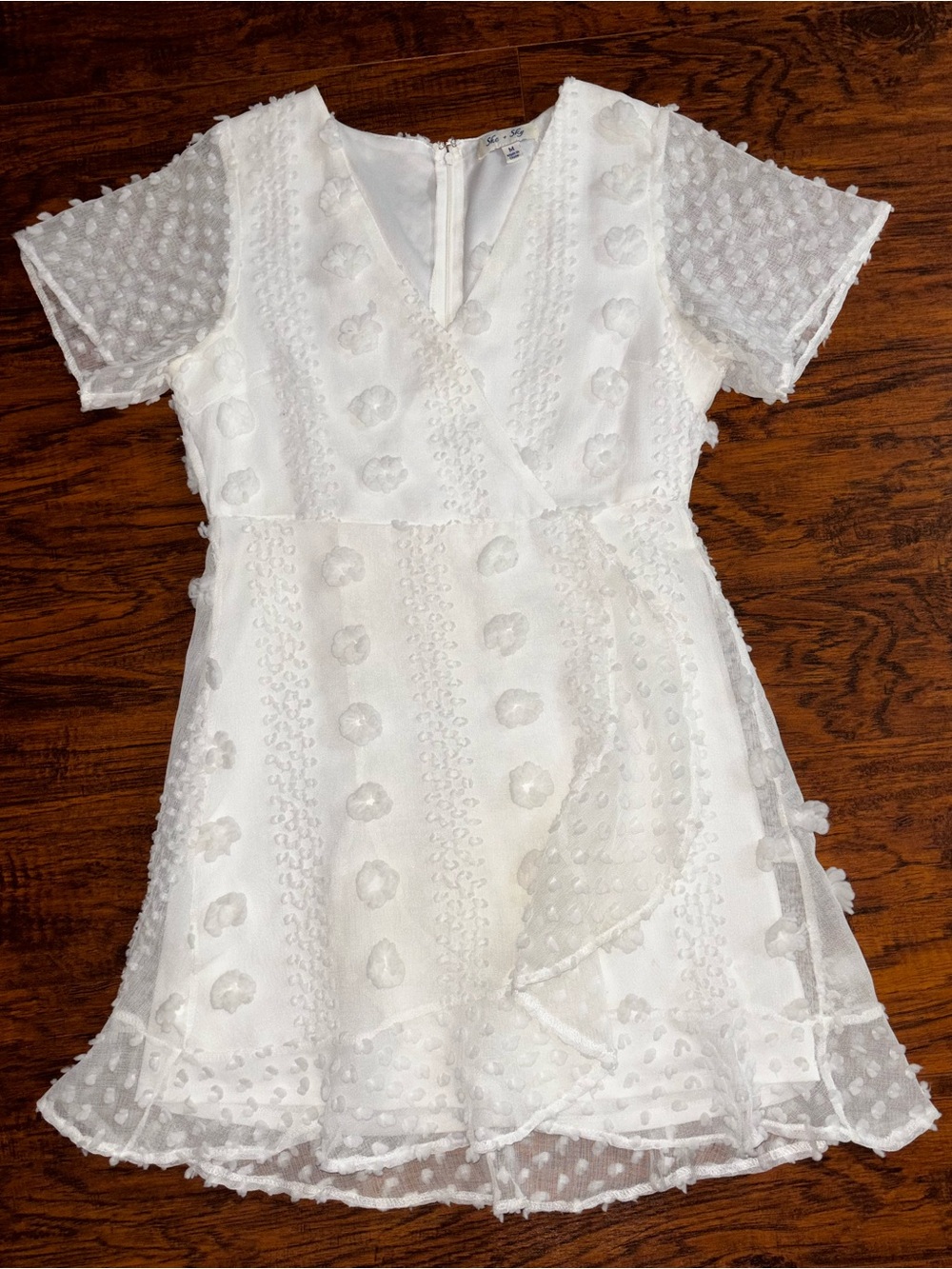 She + Sky White Textured Swiss Dot Wrap Dress Embellished Floral Tuft Cocktail
